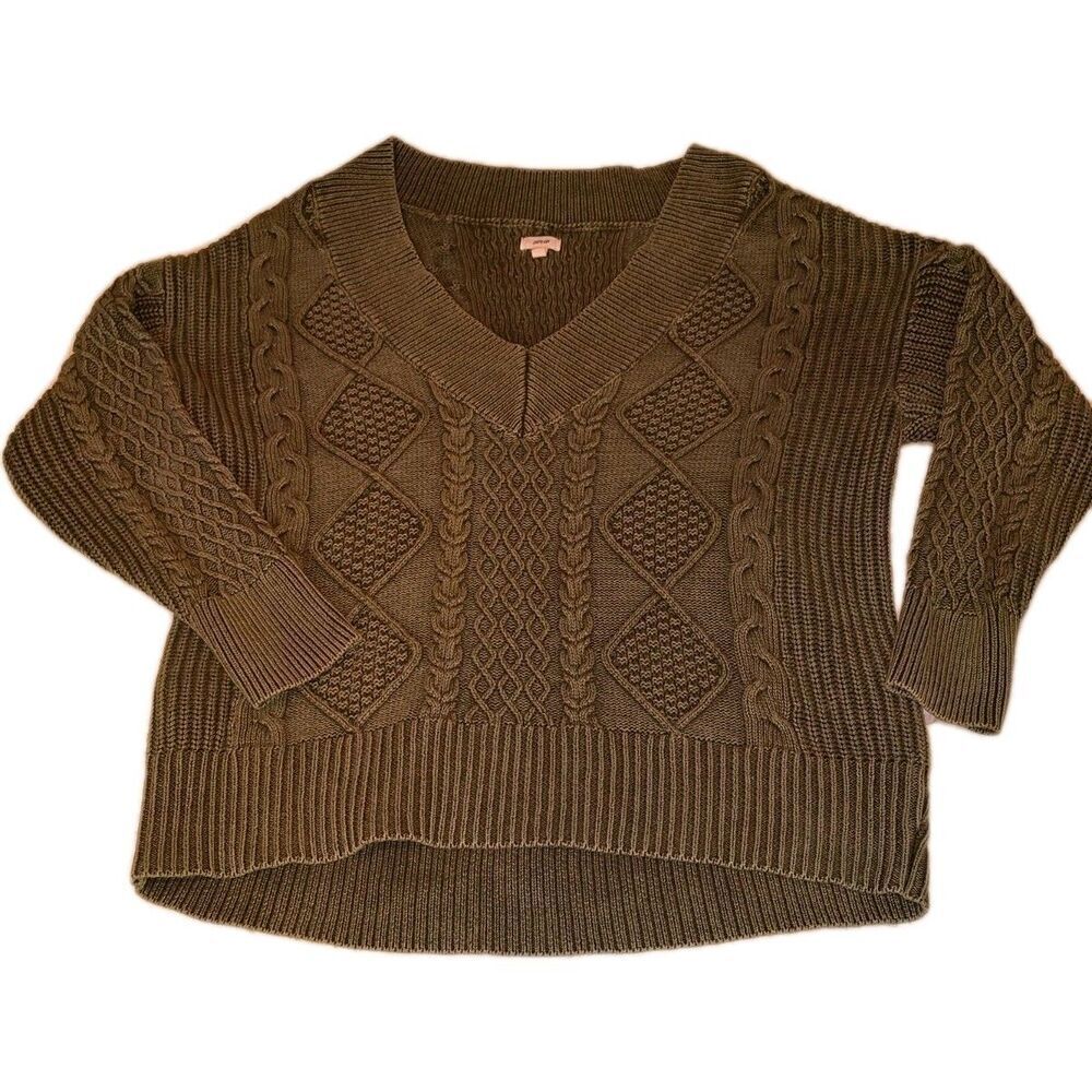 Aerie Women's Green Cable Knit V-Neck Slouchy Long Sleeve Sweater Size Small